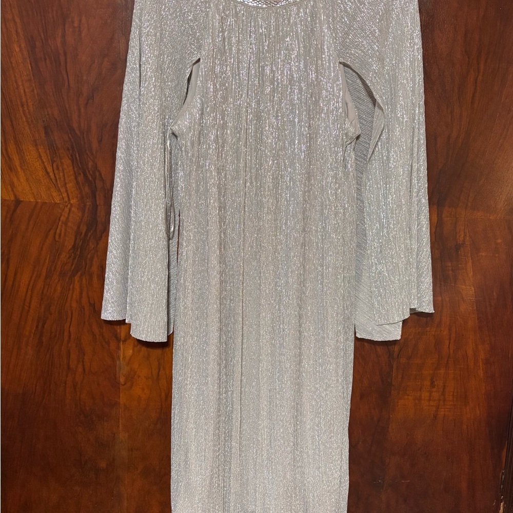 R&M Richards Silver Metallic Pleated Maxi Dress